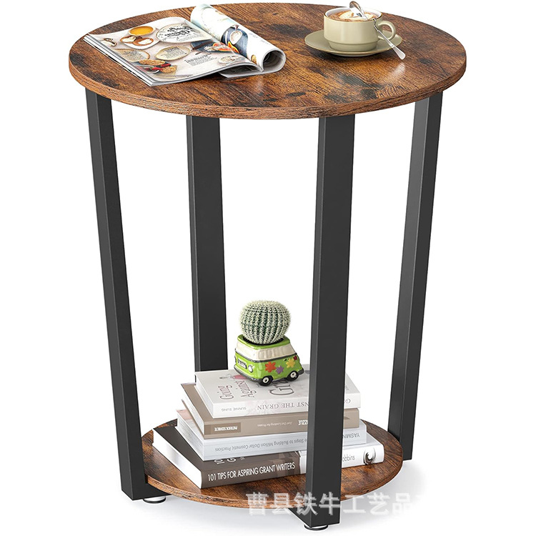Living Room Bedroom Iron Wood Round Coffee Table Coffee Table Iron Frame Balcony Small Side Table Solid Wood Storage Coffee Table