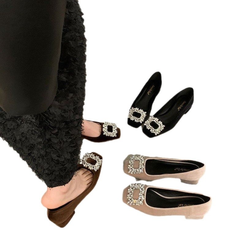 Zapatos planos de boca poco profunda con diamantes de imitación de alta gama para mujer, elegantes mocasines planos de punta cuadrada versátiles, novedad de otoño de 2025.