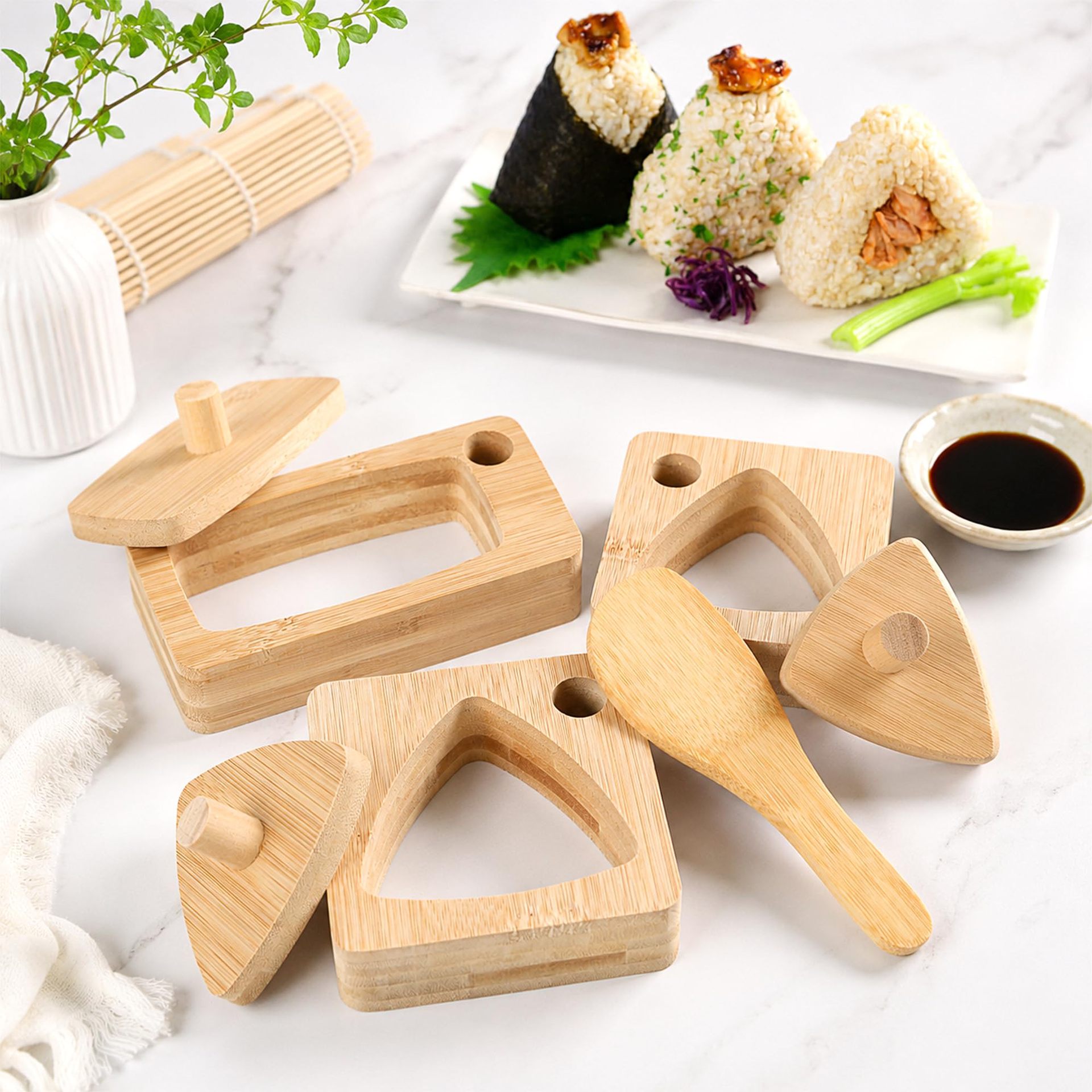 Wooden rice ball mold with pressing plate, triangular mold for bento sushi, bamboo square kitchen rice making mold