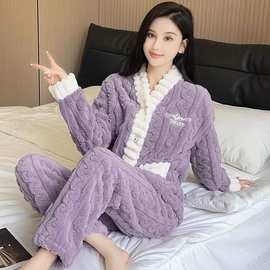 【冬季加厚】紫色字母提花珊瑚绒睡衣女秋冬季保暖家居服