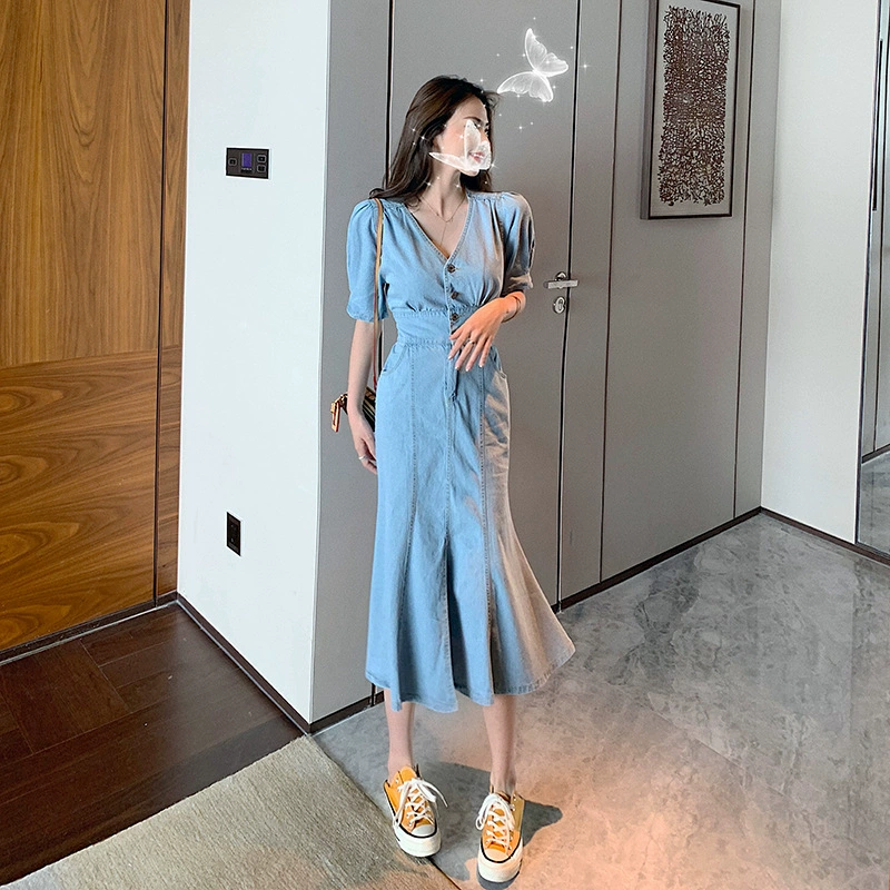 Джинсовая юбка с v-образным вырезом и разрезом в стиле ретро в гонконгском стиле, универсальное и модное индивидуальное платье