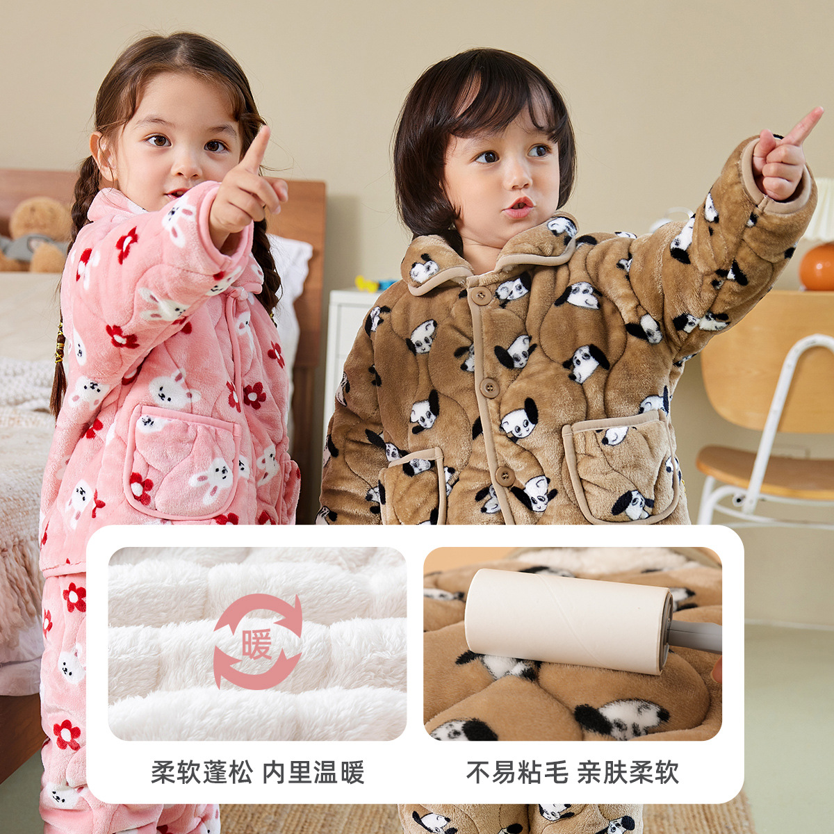 Ropa para el hogar de los niños ropa de invierno de dos piezas para niños Pijamas Pijama pantalones forrados de lana para Niñas Ropa cálida de algodón acolchado ropa de invierno