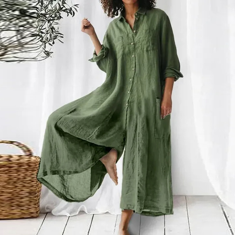 Women's Solid Color Casual Long Sleeved Jumpsuit Mid Length Cotton Linen Blend_ecoleips.com