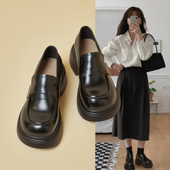 厚底樂福鞋女真皮2024新款春季松糕鞋百搭英倫風小皮鞋一腳蹬單鞋