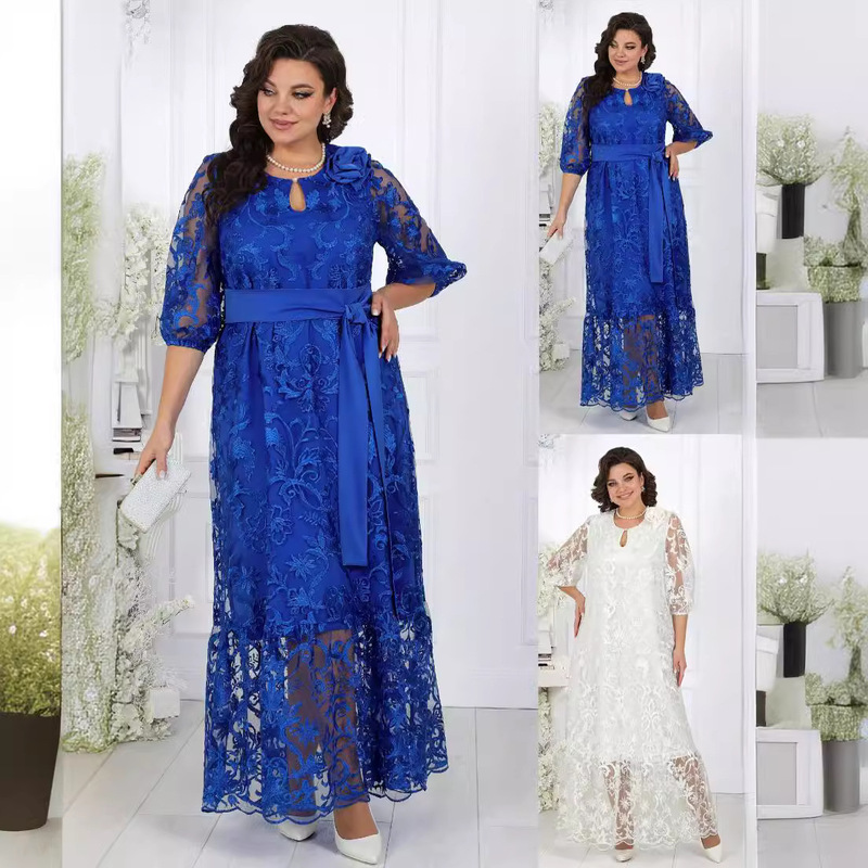 Large Size European and American New Style Dress Large Size Women's Evening Dress Heavy Lace Embroidered Cocktail Dress Set Large Size European and American New Style Dress Large Size Women's Evening Dress Heavy Lace Embroidered Cocktail Dress Set