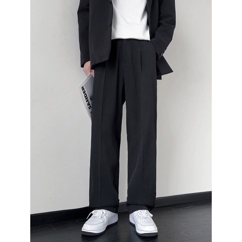 Маленькие брюки Мужские брюки Весна и Осень прилив Прямые повседневные брюки Мужские широкие ноги черные костюмы брюки
