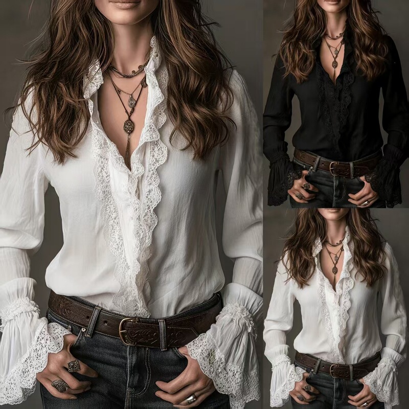 European and American Style Lace Shirt for Women, Designed with a Sense of Fashion, Spring/Summer 2025 New Model, Patchwork Thin Blouse, Long-Sleeve Elegant Top European and American Style Lace Shirt for Women, Designed with a Sense of Fashion, Spring/Summer 2025 New Model, Patchwork Thin Blouse, Long-Sleeve Elegant Top