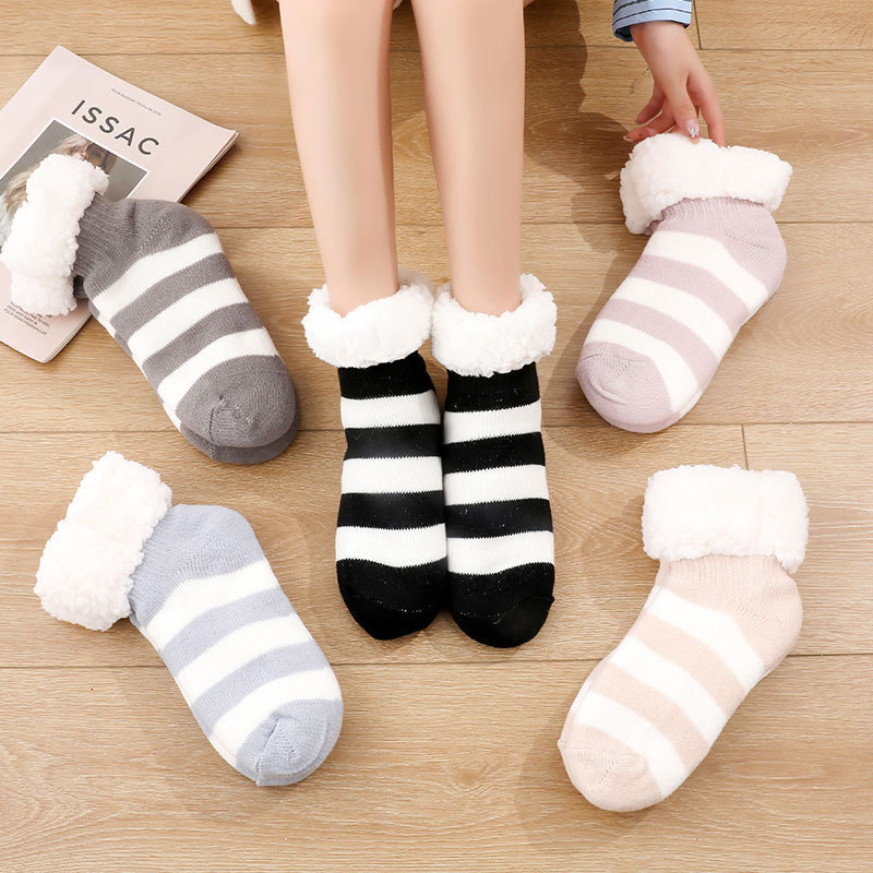 Floor Socks Slippers Socks Socks for Women and Men Striped Colorblock Double Layer Lamb Fleece Floor Socks Home Indoor Adult Socks