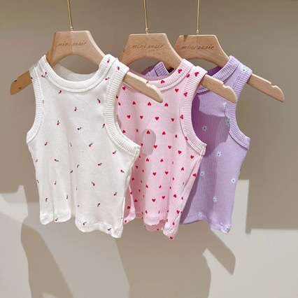 New Summer Girls' 2026 Three-Color Stretchy Ribbed Printed Floral Heart Sleeveless Stylish Versatile Casual Tank Top