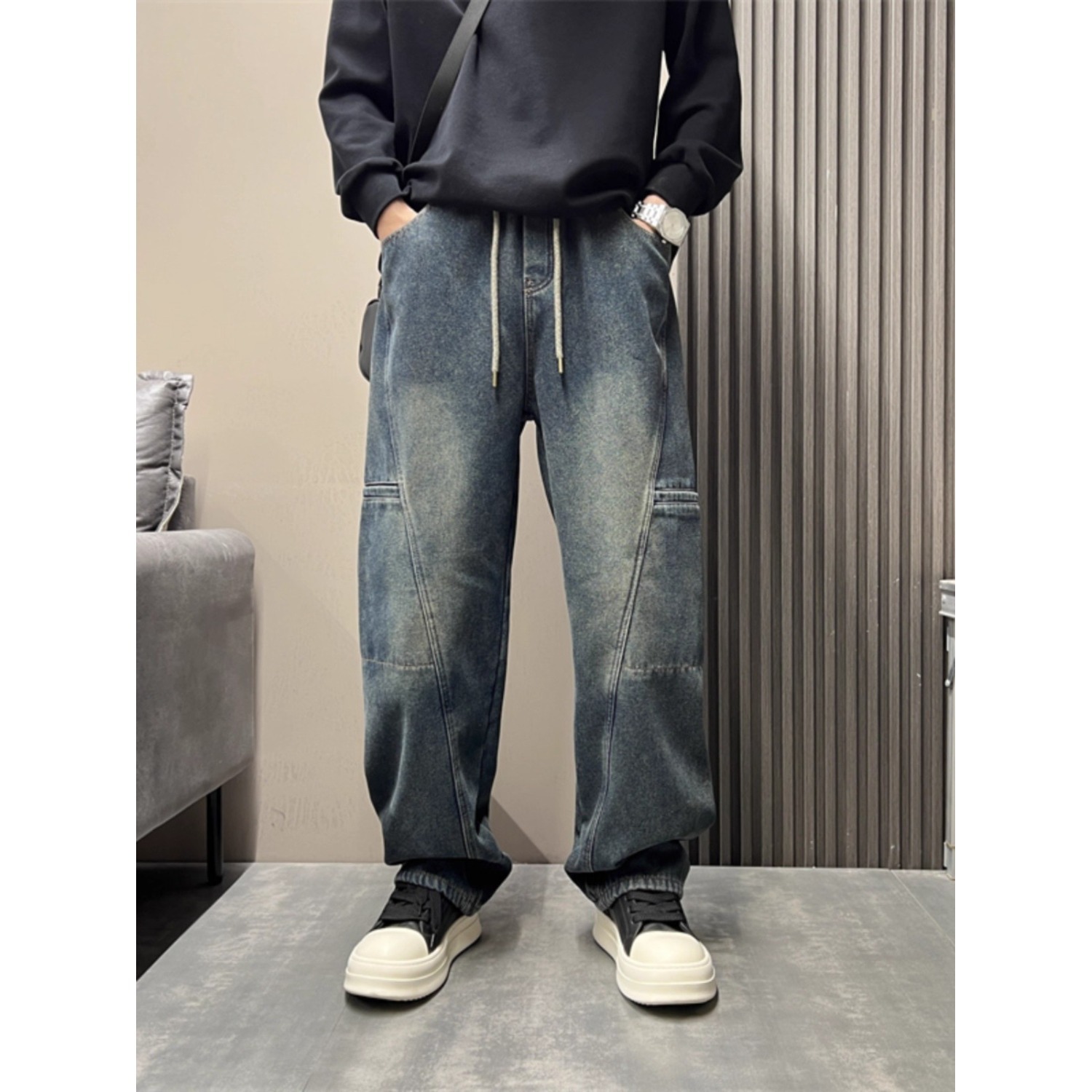 Men's Smoky Gray Washed Retro Straight Leg Jeans Style High Street Loose Fit Trendy Slimming Casual Slightly Flared Trousers_mkmklike.com