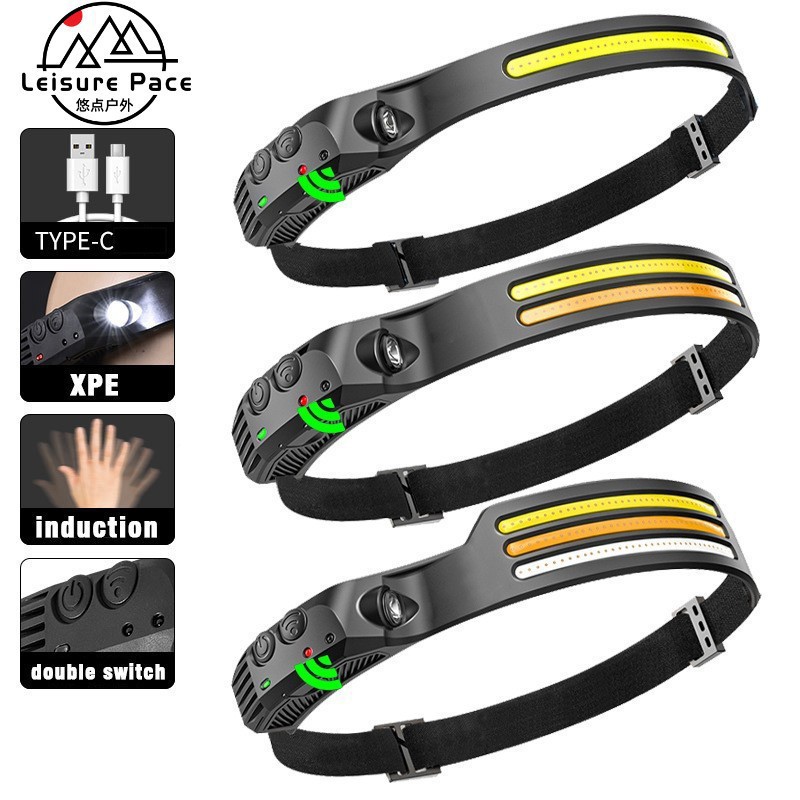 Faros de COB de inducción multifunción transfronterizos Faros de conducción al aire libre Carga USB Luz de carrera nocturna Faros de luz brillante de silicona