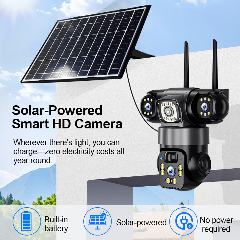 Transfronterizos dedicados a tres imágenes tres lentes alarma rotatoria sin ángulo muerto cámara de monitoreo solar impermeable al aire libre