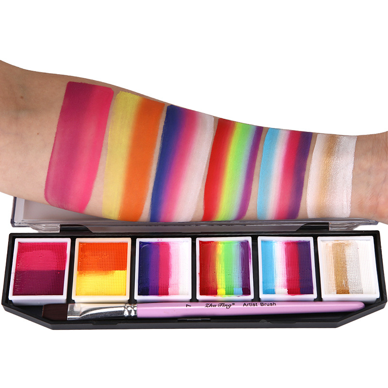 Ventas transfronterizas calientes 6 grupos de paleta de color de barra arcoíris conjunto acuoso cuerpo humano pintado pigmento de pintura facial pasta de color pigmento de acuarela