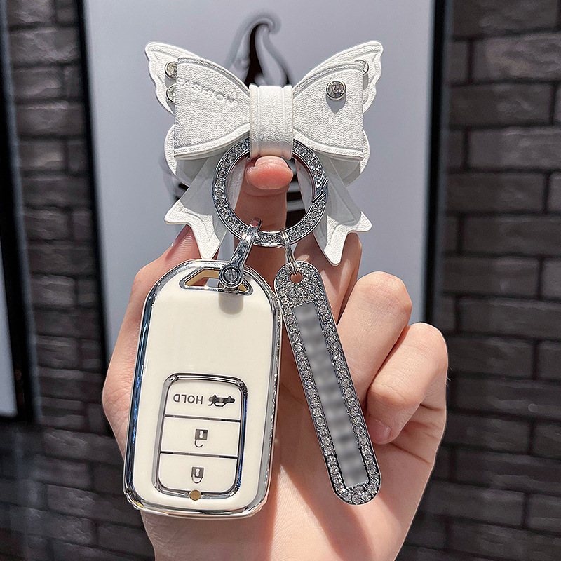 BT 키 P형 - 스마트 3버튼 [싱글쉘 화이트] + 화이트 리본 다이아몬드 버클 + 실버 번호판