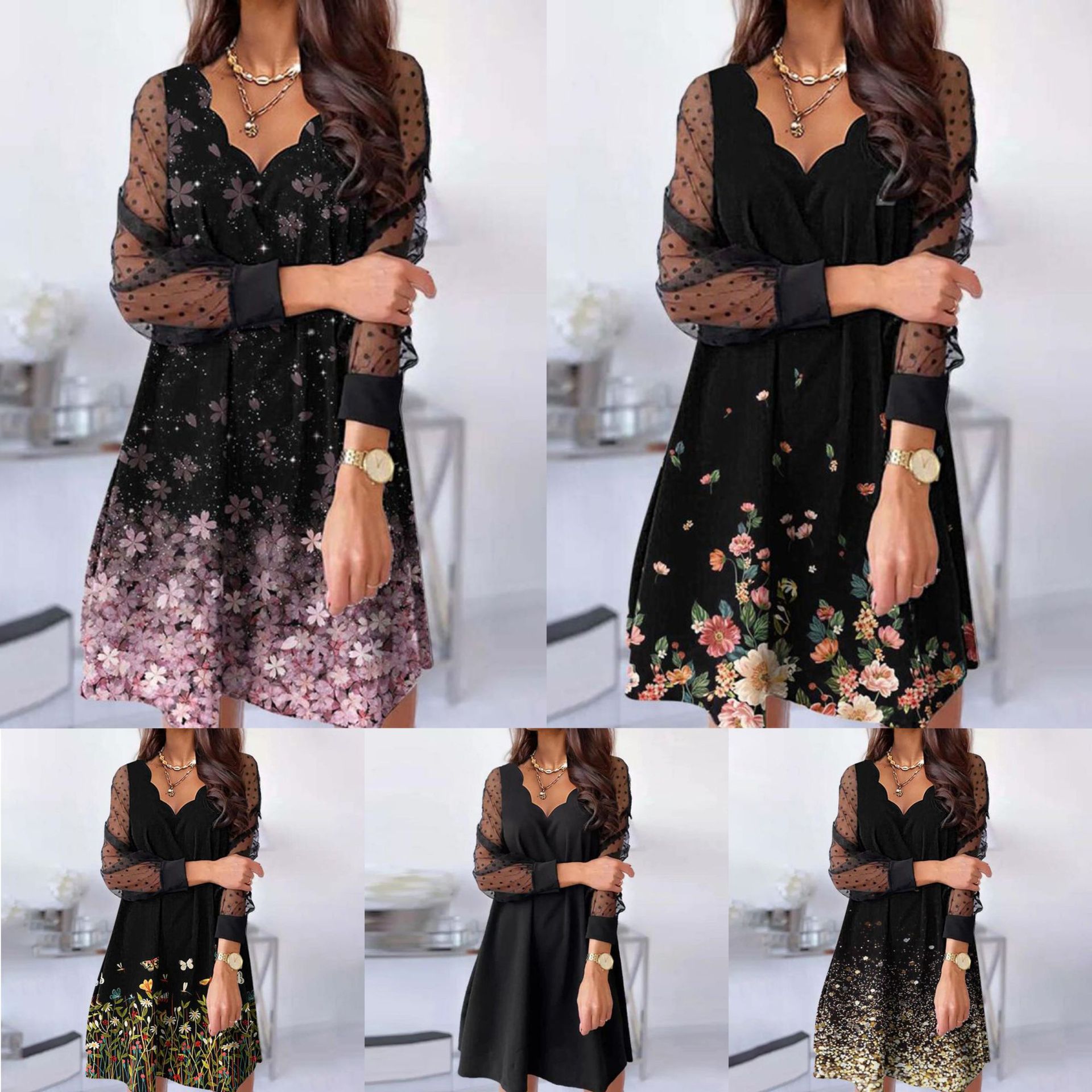 2024欧美跨境新款 亚马逊WISH速卖通休闲蕾丝长袖波浪V领连衣裙