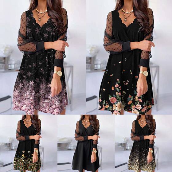 2022 Europe and the United States cross-border new Amazon WISH AliExpress casual lace long sleeve wave V-neck dress