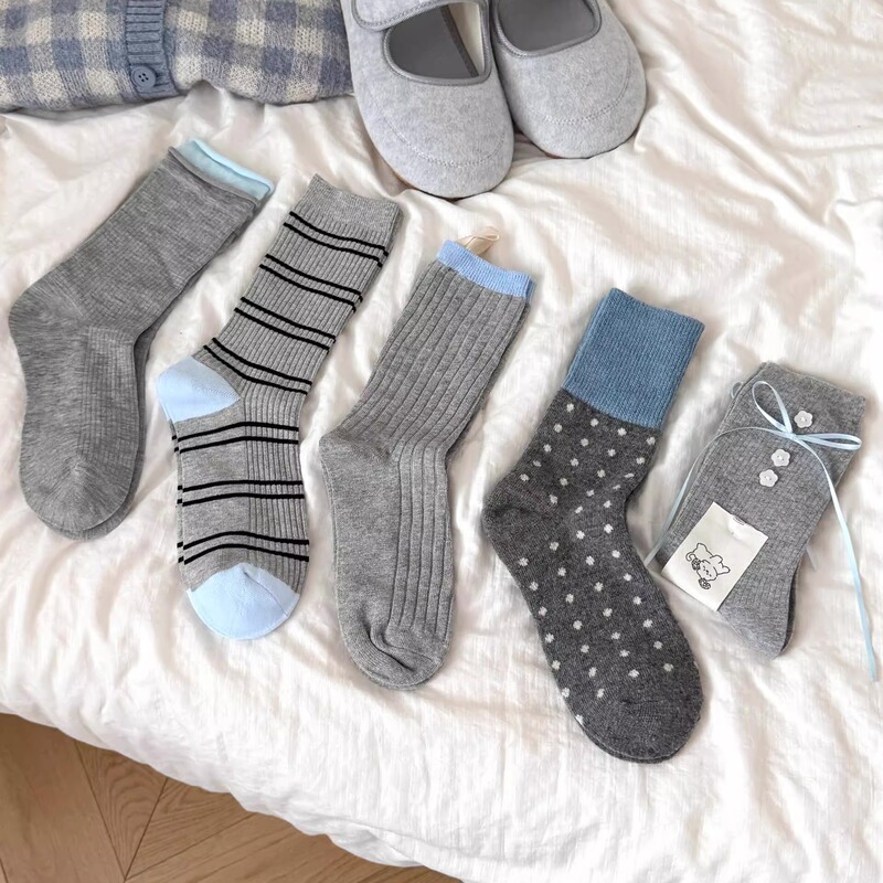 Perfect for Autumn and Winter ~ Gray Korean Style Simple Versatile Mid-Calf Socks Thickened Warm Socks for Autumn and Winter
