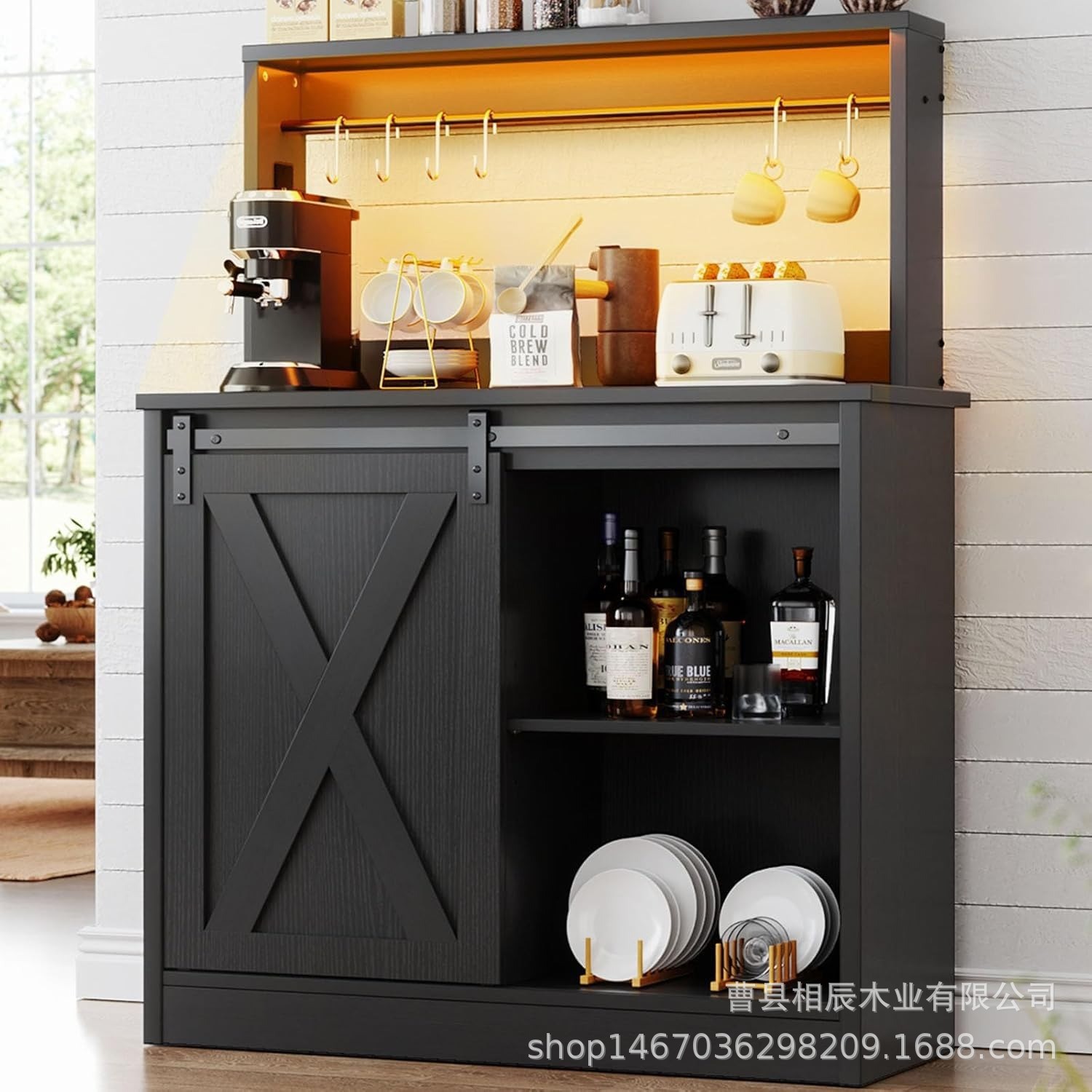 American-Style Retro Sideboard with Lights, Kitchen Storage Cabinet, Sliding Door Storage Cabinet, Dining Room Wine Cabinet Side Cabinet Wholesale