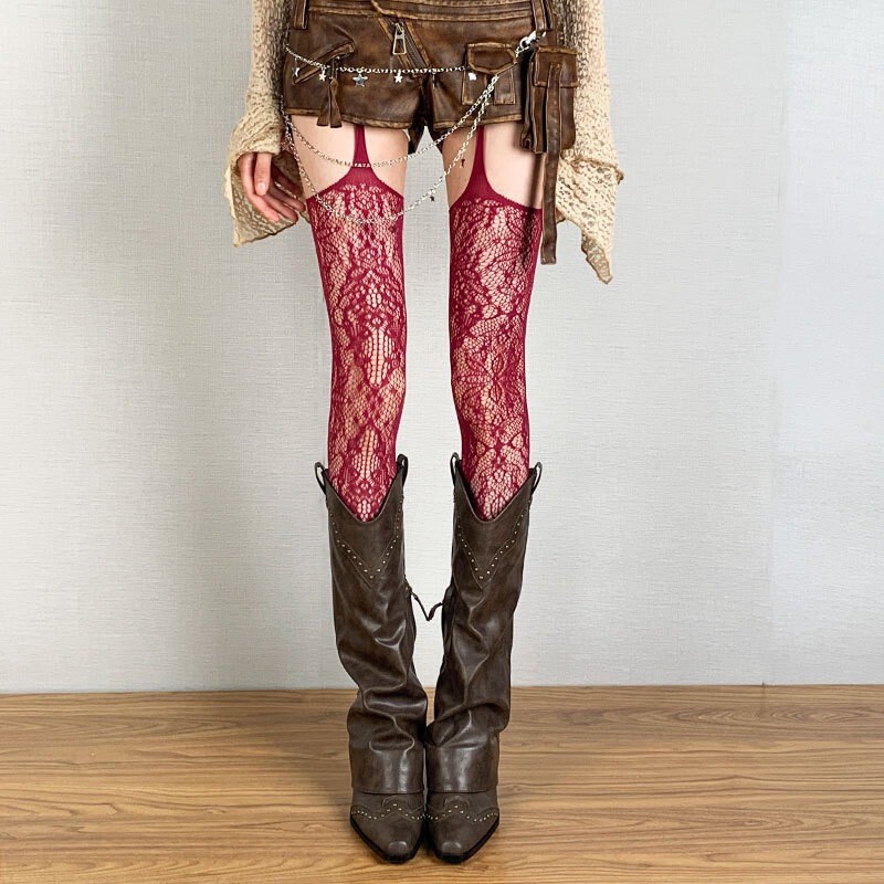 Plus-Size American Retro Y2K Suspender Fishnet Stockings with Totem Pattern, Summer Hollow-Out Mesh Stockings Plus-Size American Retro Y2K Suspender Fishnet Stockings with Totem Pattern, Summer Hollow-Out Mesh Stockings