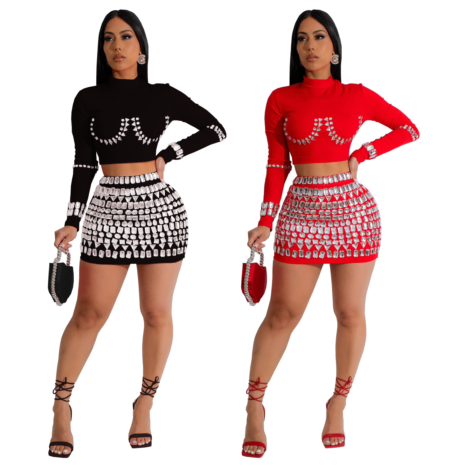 C7128 Aliexpress transfronterizo amazon ropa de moda europea y americana de mangas largas bolsas de cadera cortas sexy con dos piezas