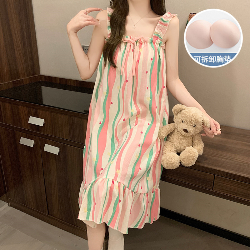 Transfronterizos polvo de dopamina rayada pijama de verano de algodón gaza de mujer es dulce se puede usar con cojín de pecho ropa para el hogar