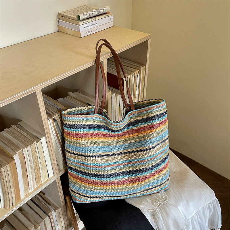 Women's Large Woven Tote Bag Shoulder Bag With Contrast Texture_voghion.com
