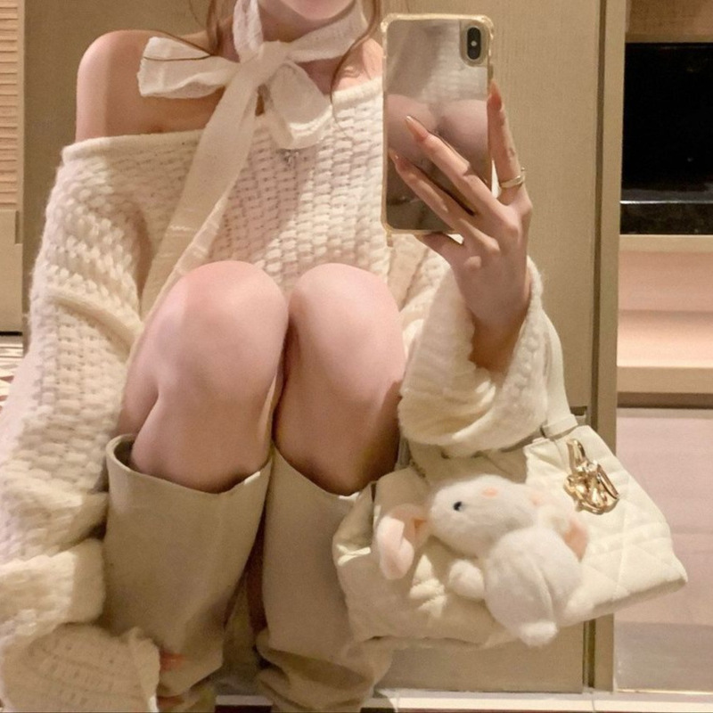 A Very Beautiful Winter Outfit Set with a Pure and Alluring Christmas Vibe, Featuring a Lace-Up Off-Shoulder Knit Top and Slim-Fit Knit Pants Set