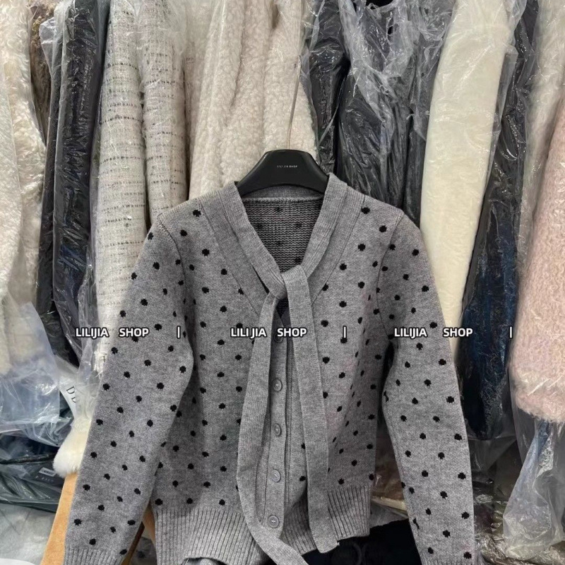 South Korea's Dongdaemun 2025 Spring & Fall New Style Bow Tie Polka Dot Collar Knitted Cardigan Women's Sweater Jacket South Korea's Dongdaemun 2025 Spring & Fall New Style Bow Tie Polka Dot Collar Knitted Cardigan Women's Sweater Jacket