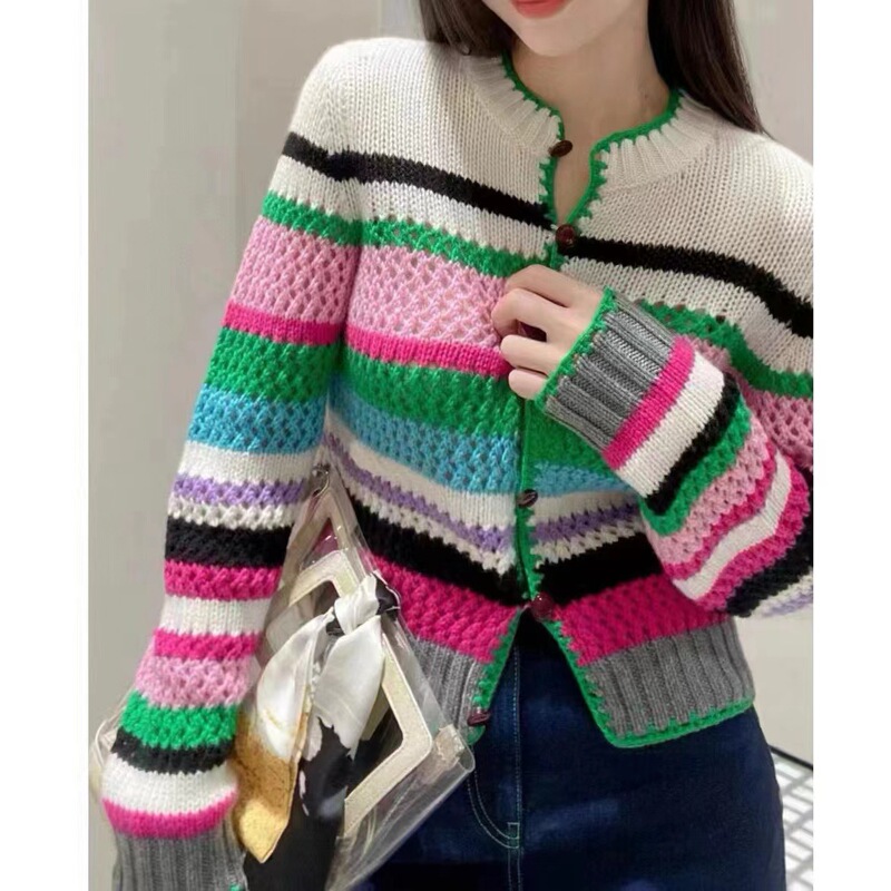 Spring Women's Rainbow Color-Blocked Striped Round-Neck Knitted Cardigan Coat Wool Sweater Top Versatile Ice Cream Color