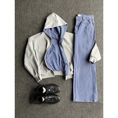 双面穿miu系皇家蓝格纹拉链卫衣男秋季通勤百搭休闲宽松开衫外套