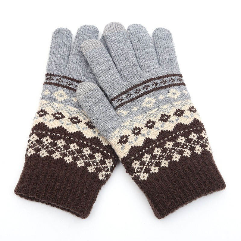 Autumn Winter Adult Warm Women's Jacquard Knitted Toucreen Yarn And Veet Anti Cold Finger Gloves_voghion.com