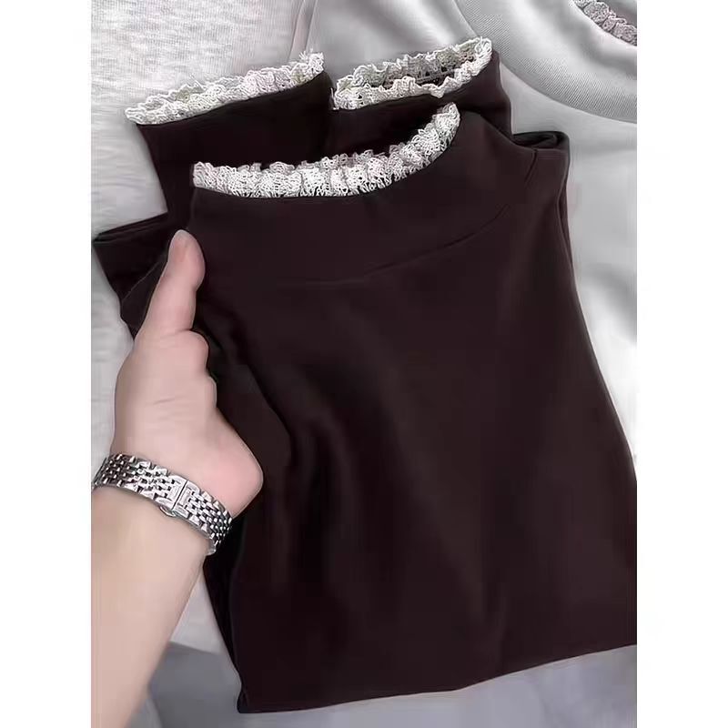 Lace Splicing Long-Sleeved T-Shirt for Women 2025 Autumn and Winter New Large Size Fat mm Black Velvet Inner Layering Shirt Top