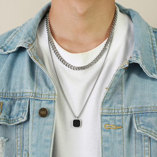 Stainless Steel Epoxy Black Square Pendant Men's Sweater Stacking Necklace Long Sweater Chain Accessories NC-892