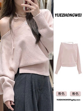 粉色小众针织衫斜肩毛衣女款秋冬2025新款韩系穿搭短款针织衫上衣