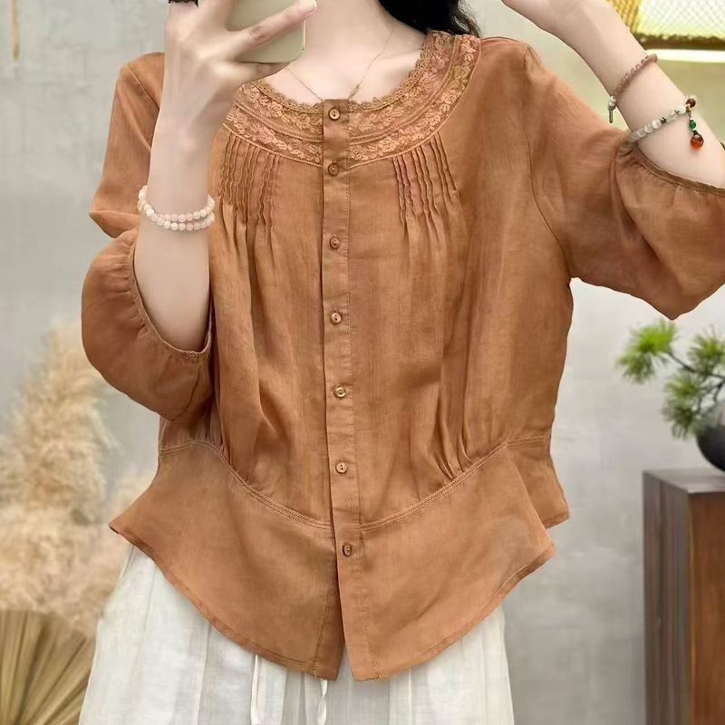 26 Summer Style Women's Short-Sleeve Ramie Pleated Lace Patchwork Reversible Shirt, Thin Loose New Style Blouse 26 Summer Style Women's Short-Sleeve Ramie Pleated Lace Patchwork Reversible Shirt, Thin Loose New Style Blouse