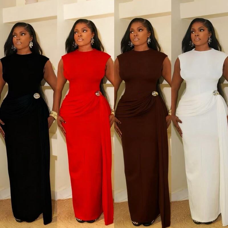 Cross-Border Sleeveless Waist-Cinching Long Dress with Side Decorative Buckle Design, Fashionable and Elegant Ladylike Style Women's Dress Cross-Border Sleeveless Waist-Cinching Long Dress with Side Decorative Buckle Design, Fashionable and Elegant Ladylike Style Women's Dress