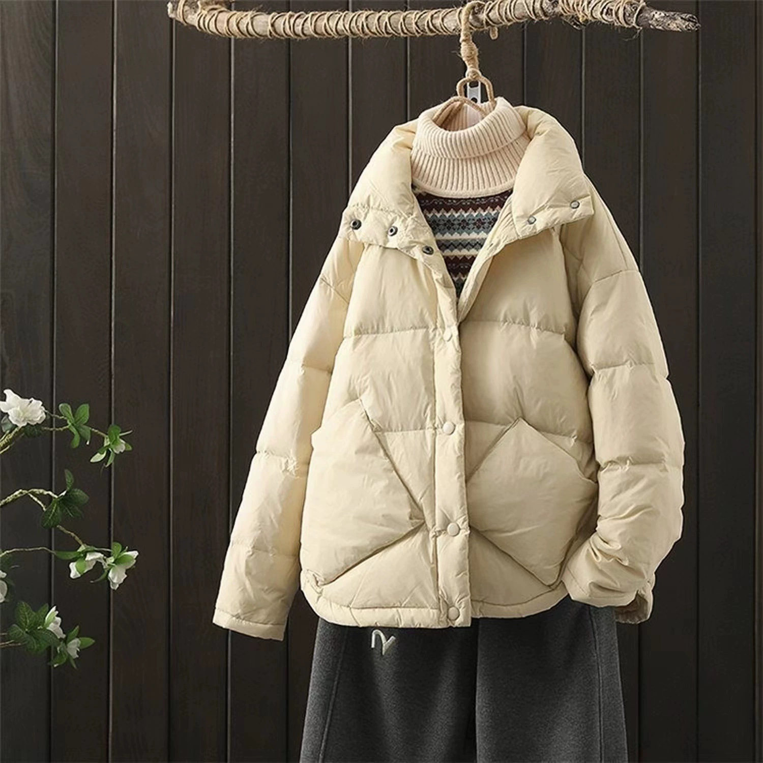 Пальто из бархата с капюшоном и пухом уткой, Oversize