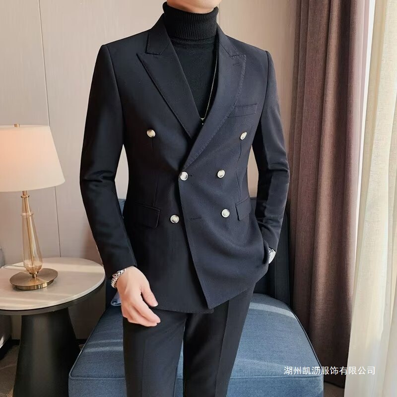 Double-breasted casual blazer for men, spring and autumn, British business style, trendy slim-fit men's suit, brown Double-breasted casual blazer for men, spring and autumn, British business style, trendy slim-fit men's suit, brown
