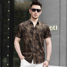 2025夏季高档中年男式短袖桑蚕丝衬衫商务休闲印花冰丝薄款真丝衬