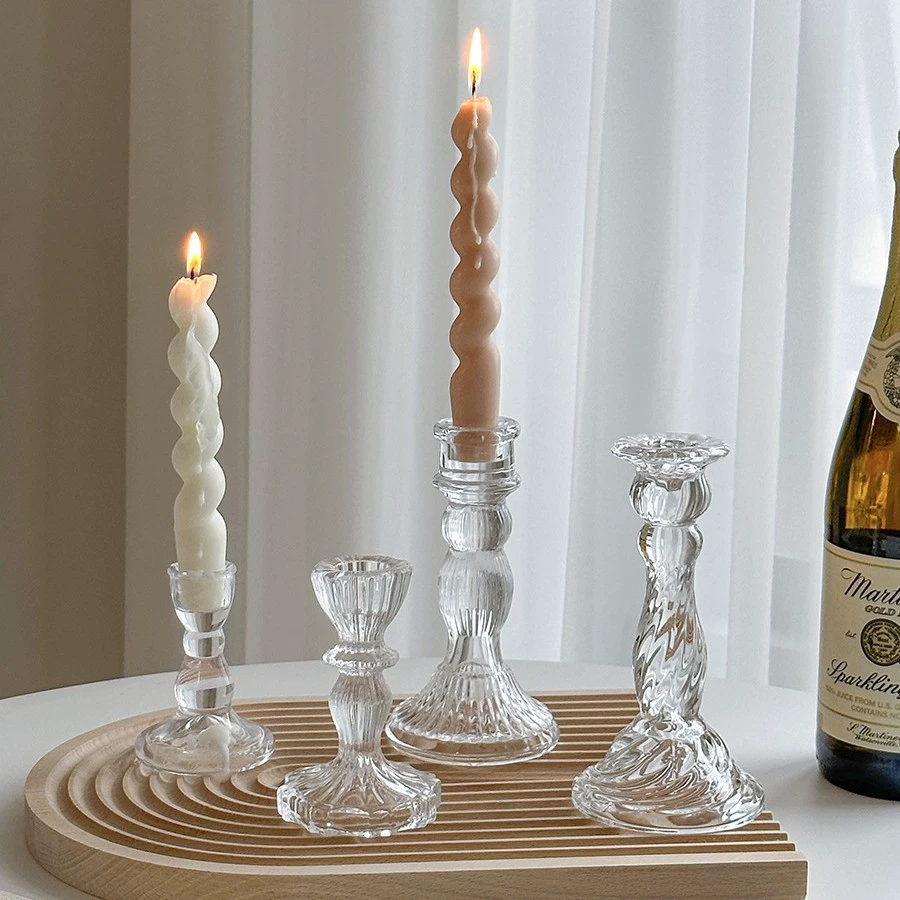 Стеклянная candlestick французский рельеф средний, прозрачное стекло декор столика 18 см