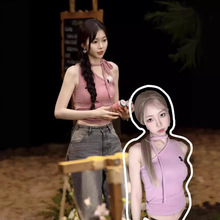 一枝南南同款韩国Rest RR clottyteam挂脖斜肩露肩RR辣妹吊带背心