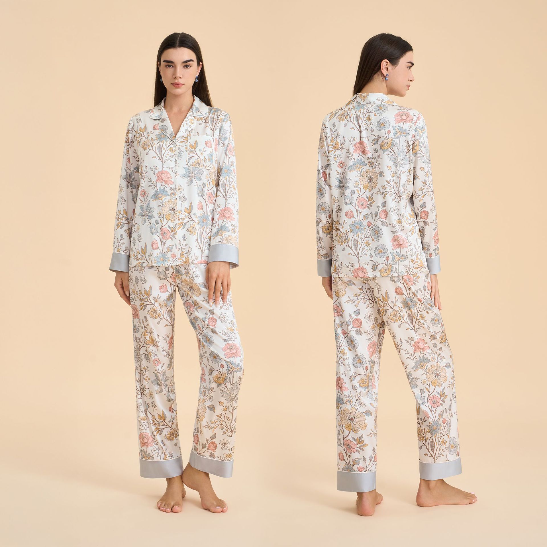 Pijama floral elegante de primavera y otoño para mujeres pantalones de manga larga con solapa delgada ropa casera casual y cómoda TZ4001