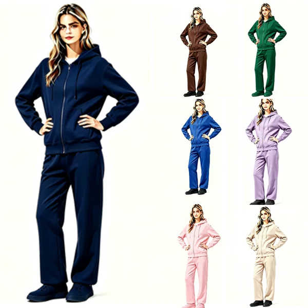 Autumn and Winter Fleece Cardigan Hooded Sweatshirt Set Casual Suit Zip-Up Shirt + Wide-Leg Pants 2-Piece Set Women's Sportswear