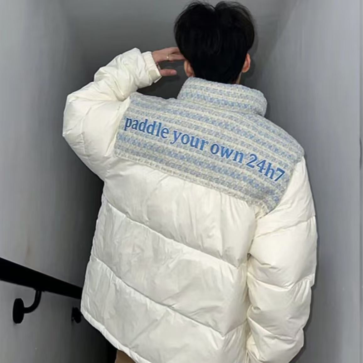韩版穿搭立领棉服潮流男装风小香风拼接棉衣冬季防寒宽松一件代发