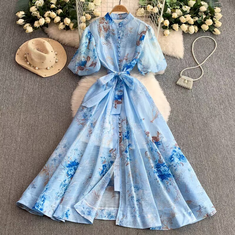 Foreign Trade Palace Style Retro Printed Stand-Up Collar Puff Sleeve Dress Women's Summer Strappy Waist Slimming Long Skirt