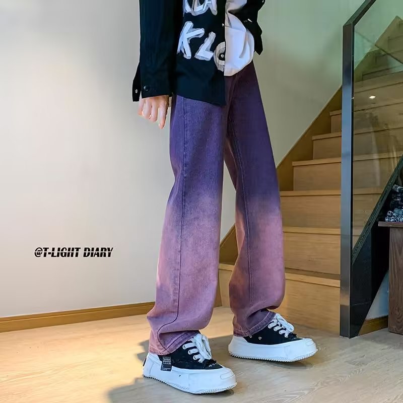 American Style European and American style fried street pants design high grade vintage gradient purple jeans High Street Men's straight pants