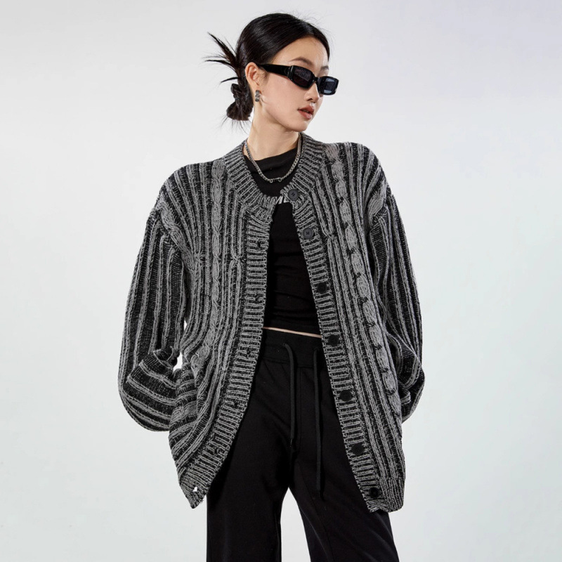 American Retro Twisted Rope Distressed Design Cardigan Sweater for Men and Women, High Street Imitation Denim Sweater Jacket for Winter