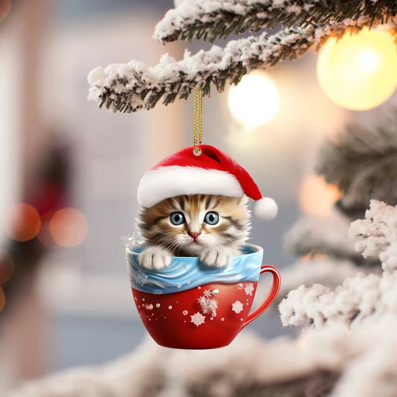 2025新款个性有趣的圣诞杯子猫咪亚克力平面圣诞饰品挂件车载挂饰|undefined