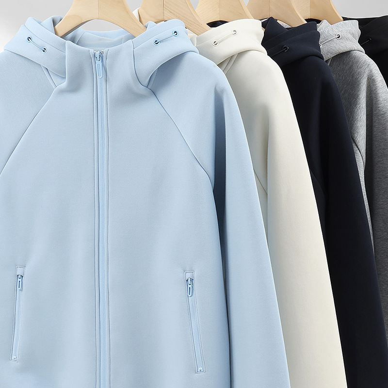 2025 Autumn and Winter 400g Liquid Cotton Loose Trendy Brand High Zipper Raglan Hooded Sweatshirt Pure Color Men's Cardigan Jacket