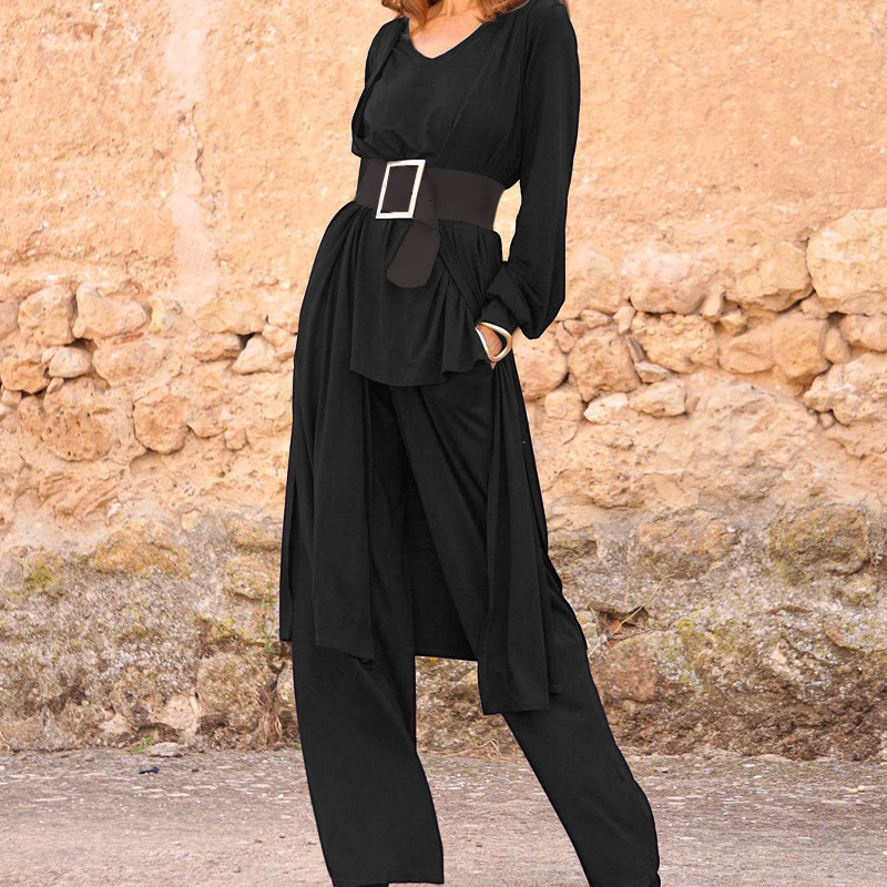 solid color loose V-neck long cardigan straight-leg pants suit NSONF139717